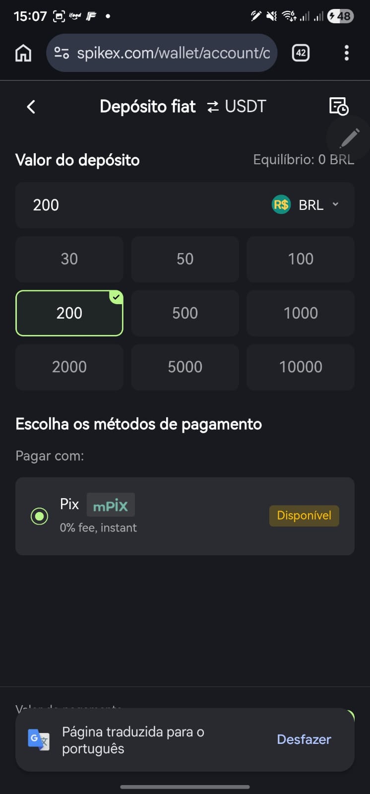 Depósito via Pix em reais com conversão para USDT