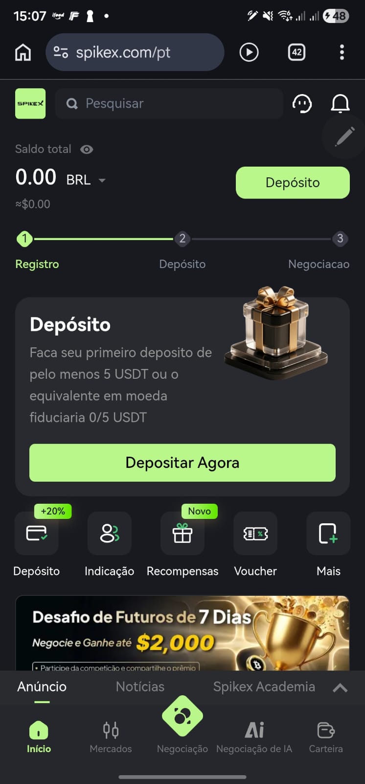 Tela inicial da plataforma com saldo e botão de depósito